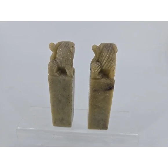 Vtg 1960s Pair of Chinese Soapstone Foo Dog Hand Carved Chop Seal 4in Statues